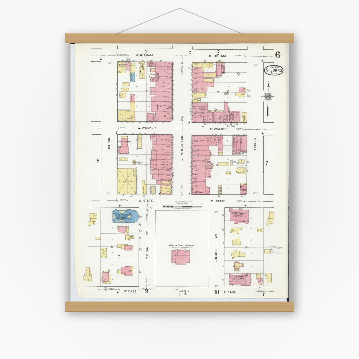 Old map wall art mockup — magnetic wood frame on white wall — Sanborn Fire Insurance Map from Saint Johns, Clinton County, Michigan (1918), Sheet #0006