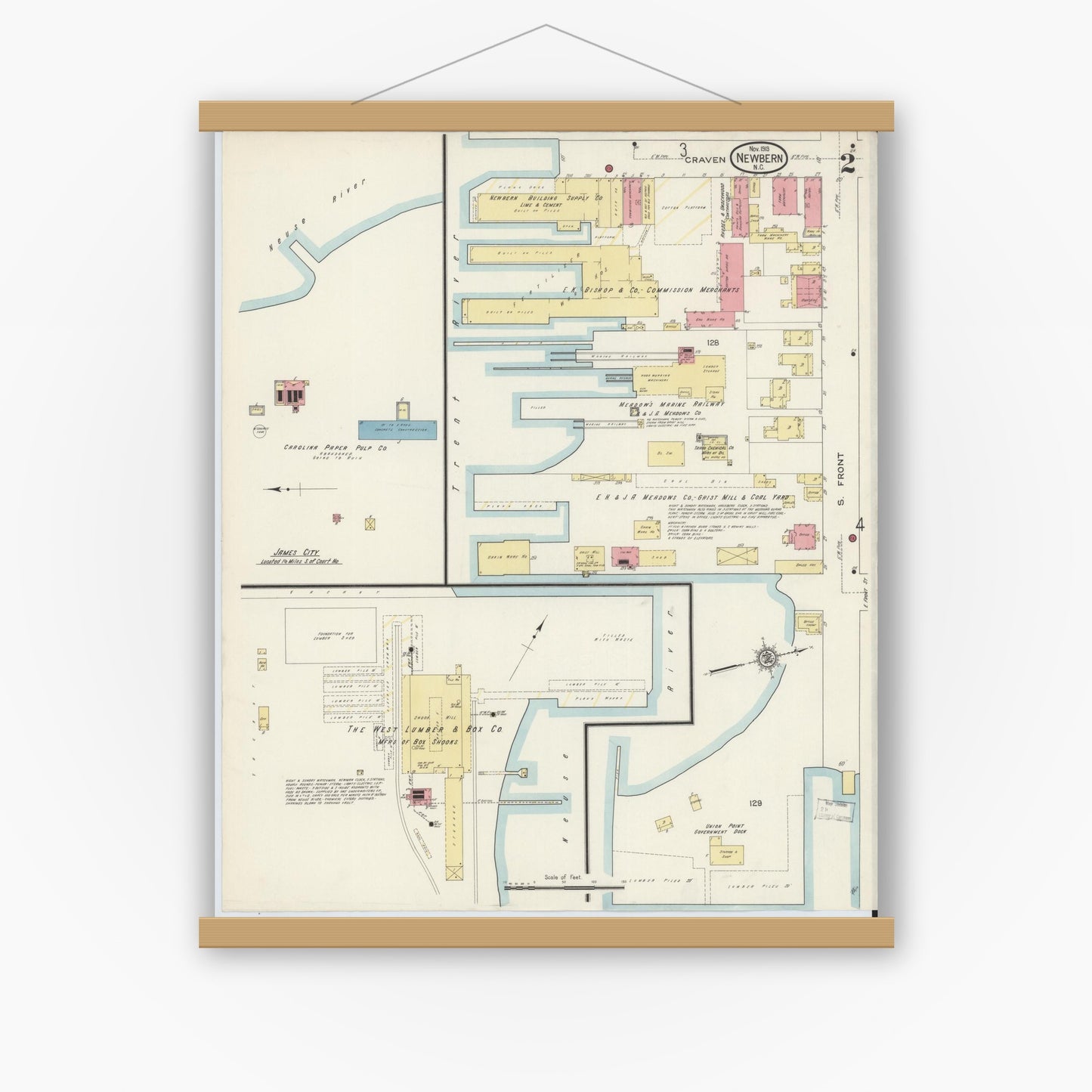 Old map wall art mockup — magnetic wood frame on white wall — Sanborn Fire Insurance Map from New Bern, Craven County, North Carolina (1913), Sheet #0002