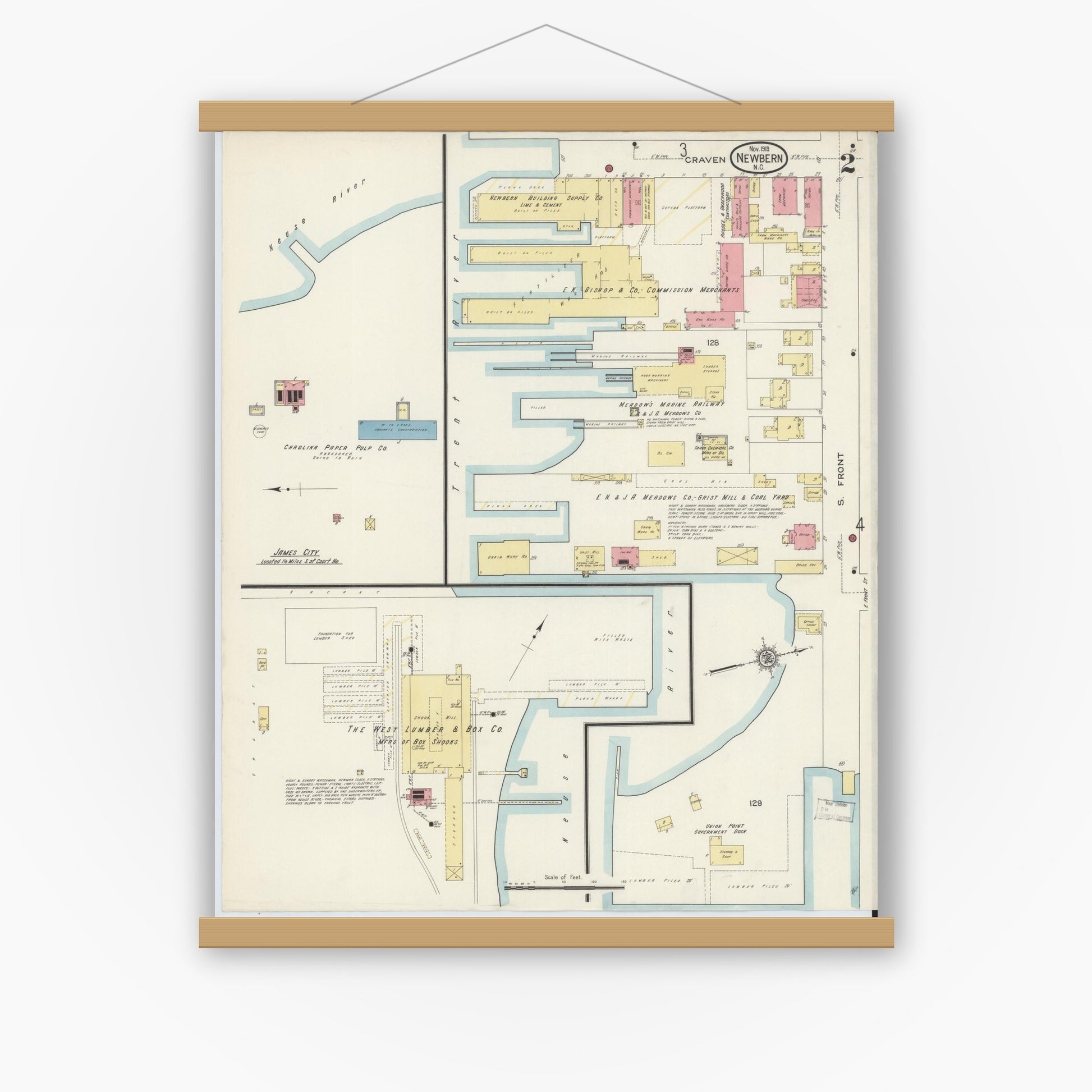 Old map wall art mockup — magnetic wood frame on white wall — Sanborn Fire Insurance Map from New Bern, Craven County, North Carolina (1913), Sheet #0002