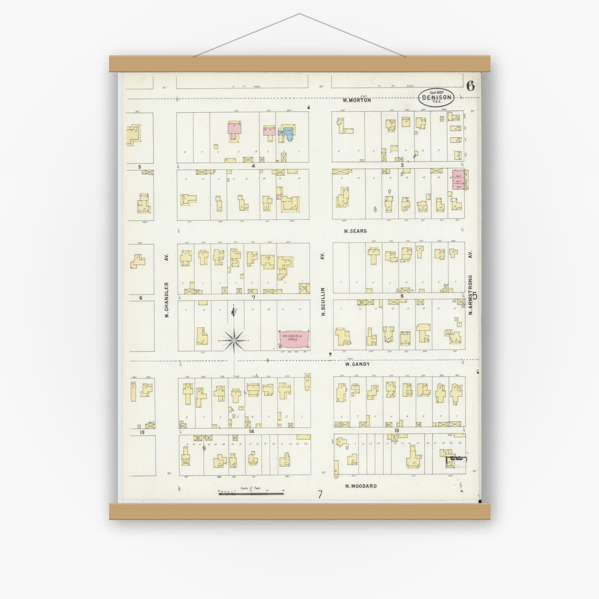 Old map wall art mockup — magnetic wood frame on white wall — Sanborn Fire Insurance Map from Denison, Grayson County, Texas (1897), Sheet #0006