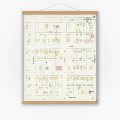 Old map wall art mockup — magnetic wood frame on white wall — Sanborn Fire Insurance Map from Denison, Grayson County, Texas (1897), Sheet #0006