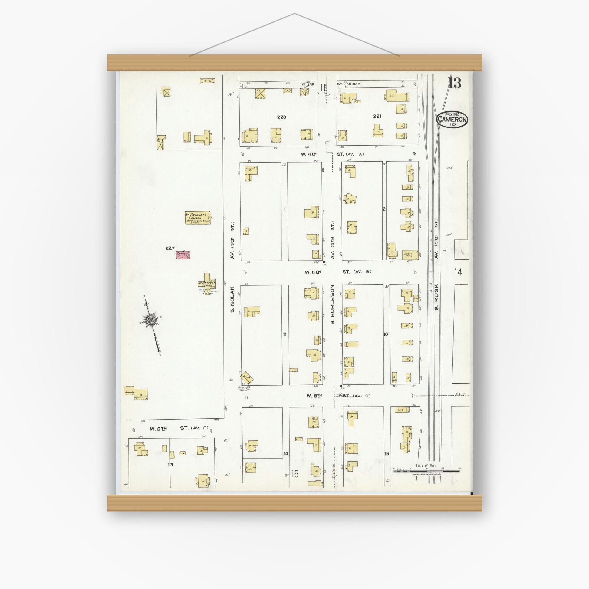 Old map wall art mockup — magnetic wood frame on white wall — Sanborn Fire Insurance Map from Cameron, Milam County, Texas (1920), Sheet #0013