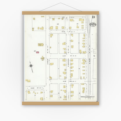Old map wall art mockup — magnetic wood frame on white wall — Sanborn Fire Insurance Map from Cameron, Milam County, Texas (1920), Sheet #0013