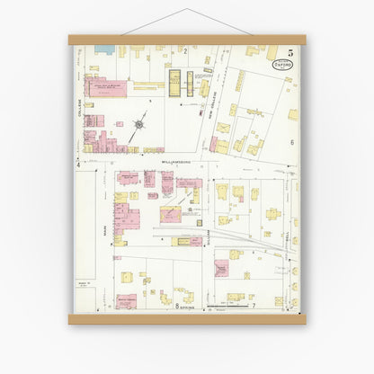 Old map wall art mockup — magnetic wood frame on white wall — Sanborn Fire Insurance Map from Oxford, Granville County, North Carolina (1909), Sheet #0005