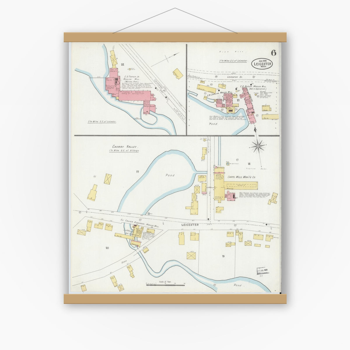 Old map wall art mockup — magnetic wood frame on white wall — Sanborn Fire Insurance Map from Leicester, Worcester County, Massachusetts (1889), Sheet #0006