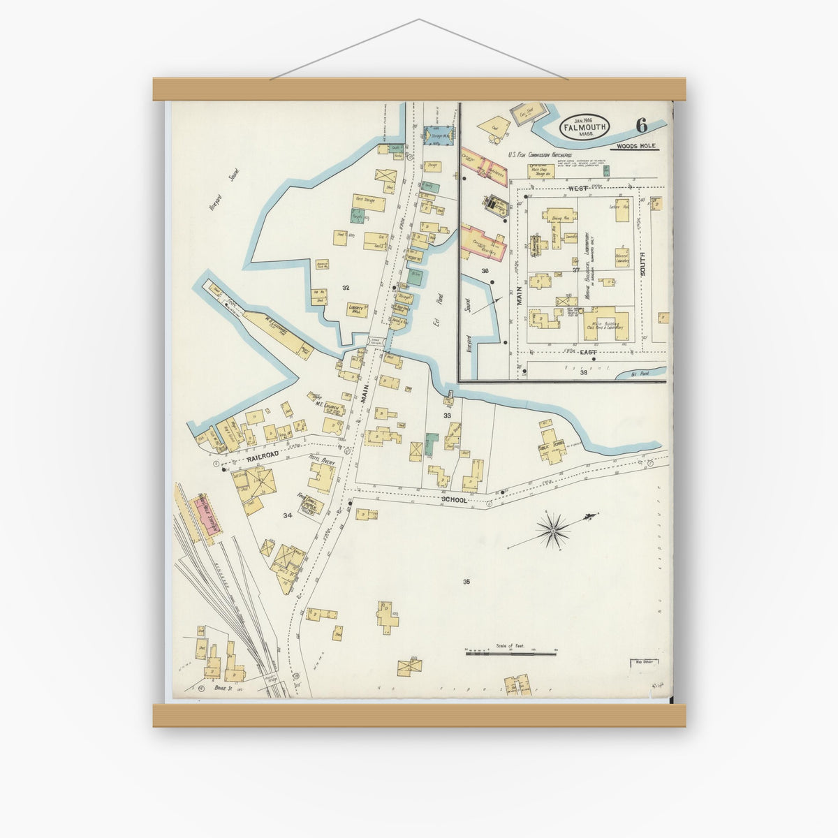 Old map wall art mockup — magnetic wood frame on white wall — Sanborn Fire Insurance Map from Falmouth, Barnstable County, Massachusetts (1906), Sheet #0006