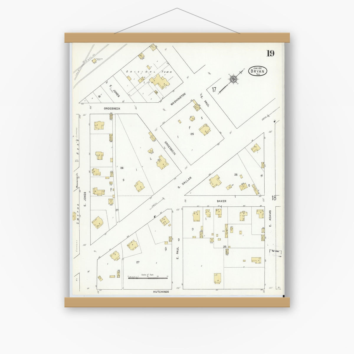 Old map wall art mockup — magnetic wood frame on white wall — Sanborn Fire Insurance Map from Bryan, Brazos County, Texas (1912), Sheet #0019