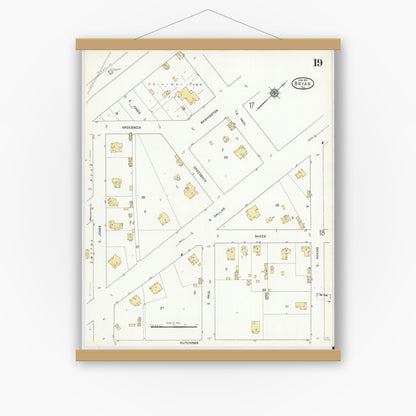 Old map wall art mockup — magnetic wood frame on white wall — Sanborn Fire Insurance Map from Bryan, Brazos County, Texas (1912), Sheet #0019