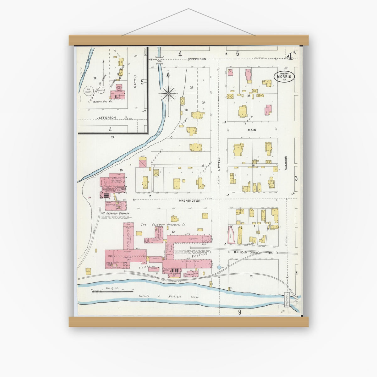 Old map wall art mockup — magnetic wood frame on white wall — Sanborn Fire Insurance Map from Morris, Grundy County, Illinois (1907), Sheet #0004