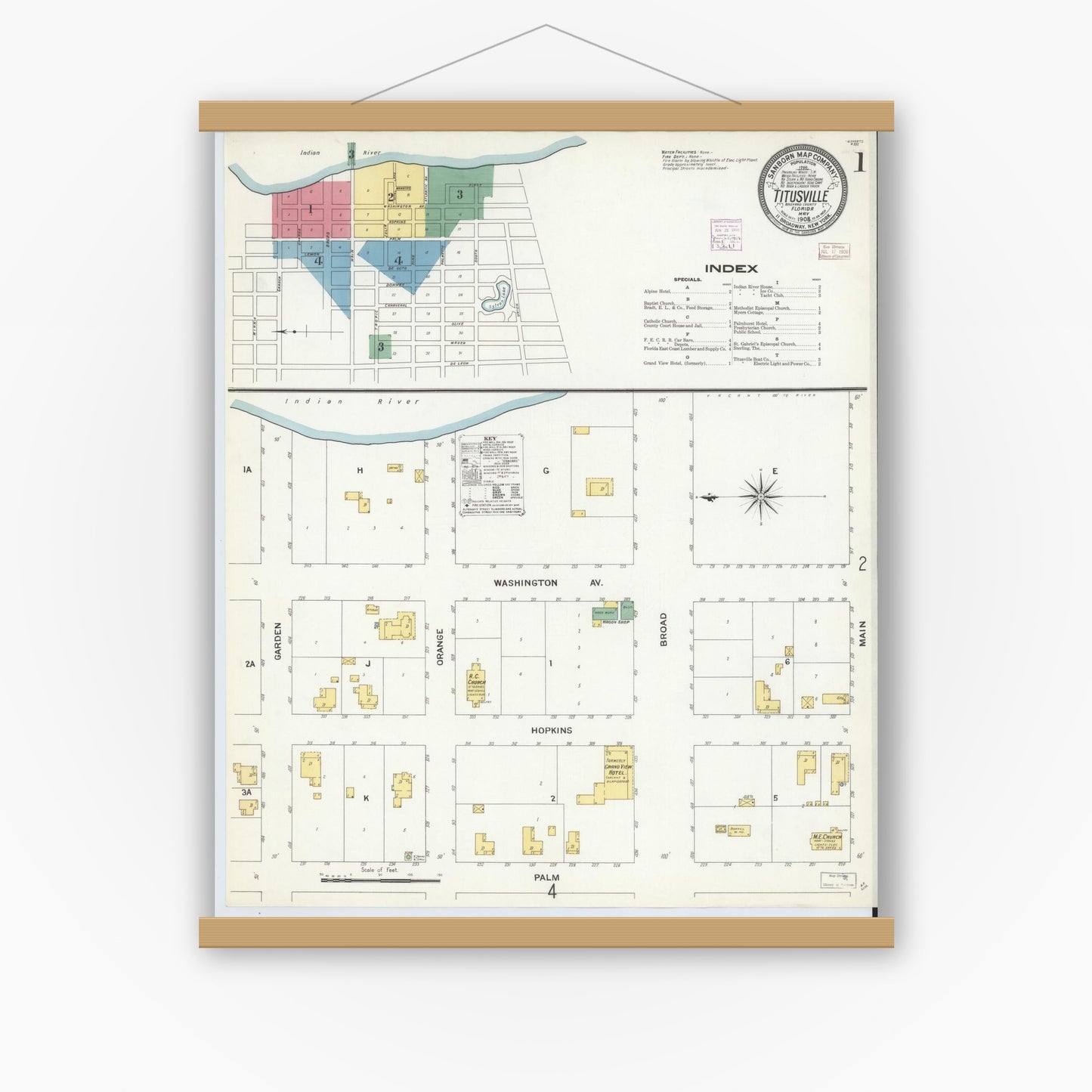 Old map wall art mockup — magnetic wood frame on white wall — Sanborn Fire Insurance Map from Titusville, Brevard County, Florida (1908) - Complete Map Set