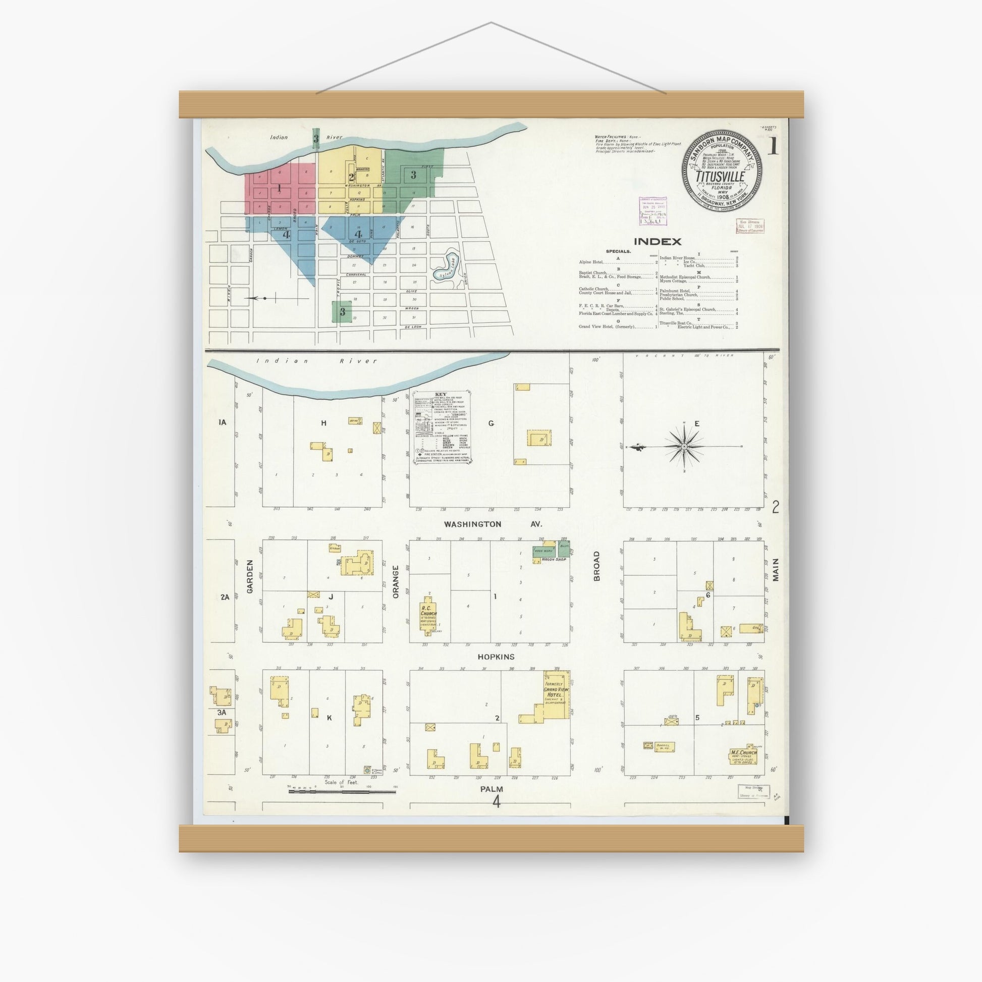 Old map wall art mockup — magnetic wood frame on white wall — Sanborn Fire Insurance Map from Titusville, Brevard County, Florida (1908) - Complete Map Set