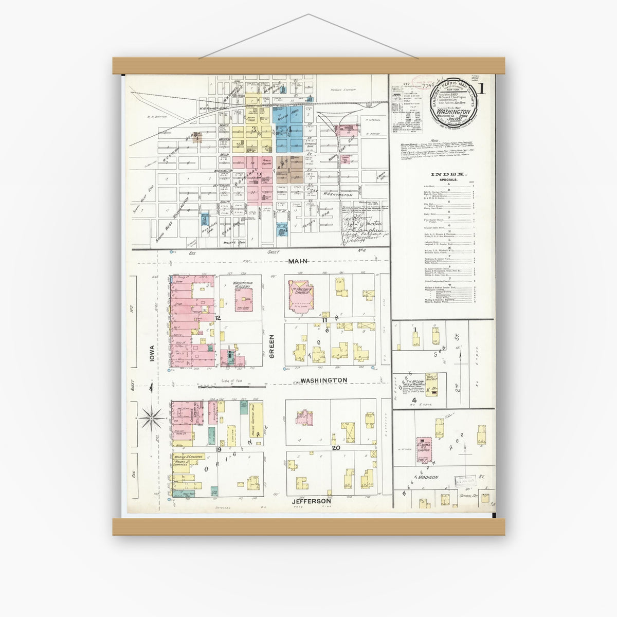 Old map wall art mockup — magnetic wood frame on white wall — Sanborn Fire Insurance Map from Washington, Washington County, Iowa (1892), Sheet #0001