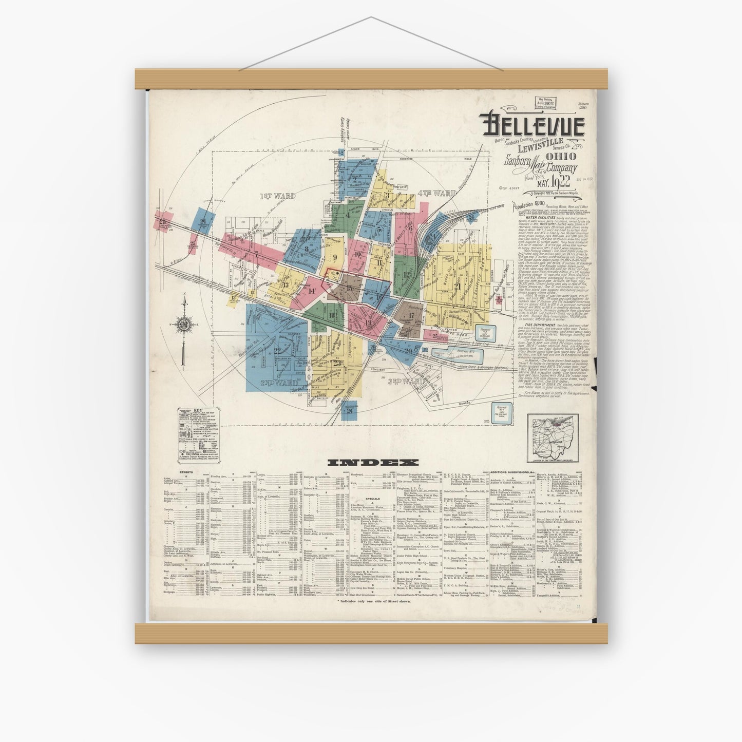 Old map wall art mockup — magnetic wood frame on white wall — Sanborn Fire Insurance Map from Bellevue, Huron And Sandusky County, Ohio (1922), Sheet #0001