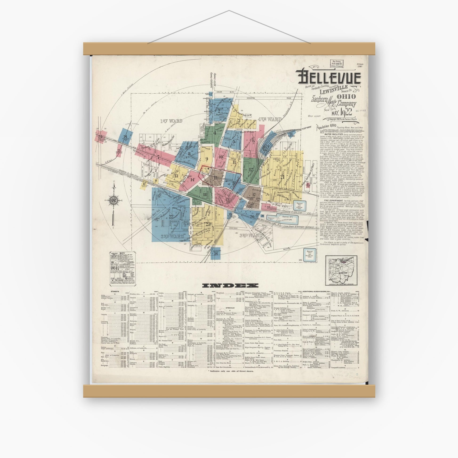 Old map wall art mockup — magnetic wood frame on white wall — Sanborn Fire Insurance Map from Bellevue, Huron And Sandusky County, Ohio (1922), Sheet #0001