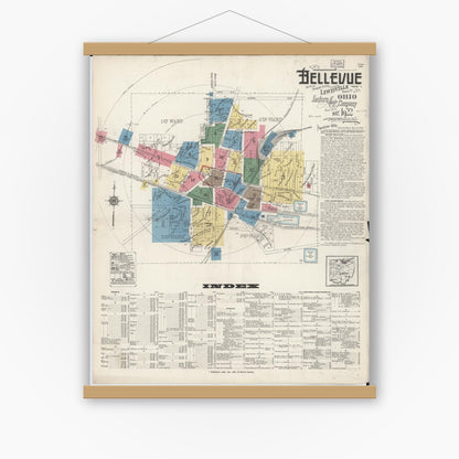 Old map wall art mockup — magnetic wood frame on white wall — Sanborn Fire Insurance Map from Bellevue, Huron And Sandusky County, Ohio (1922), Sheet #0001