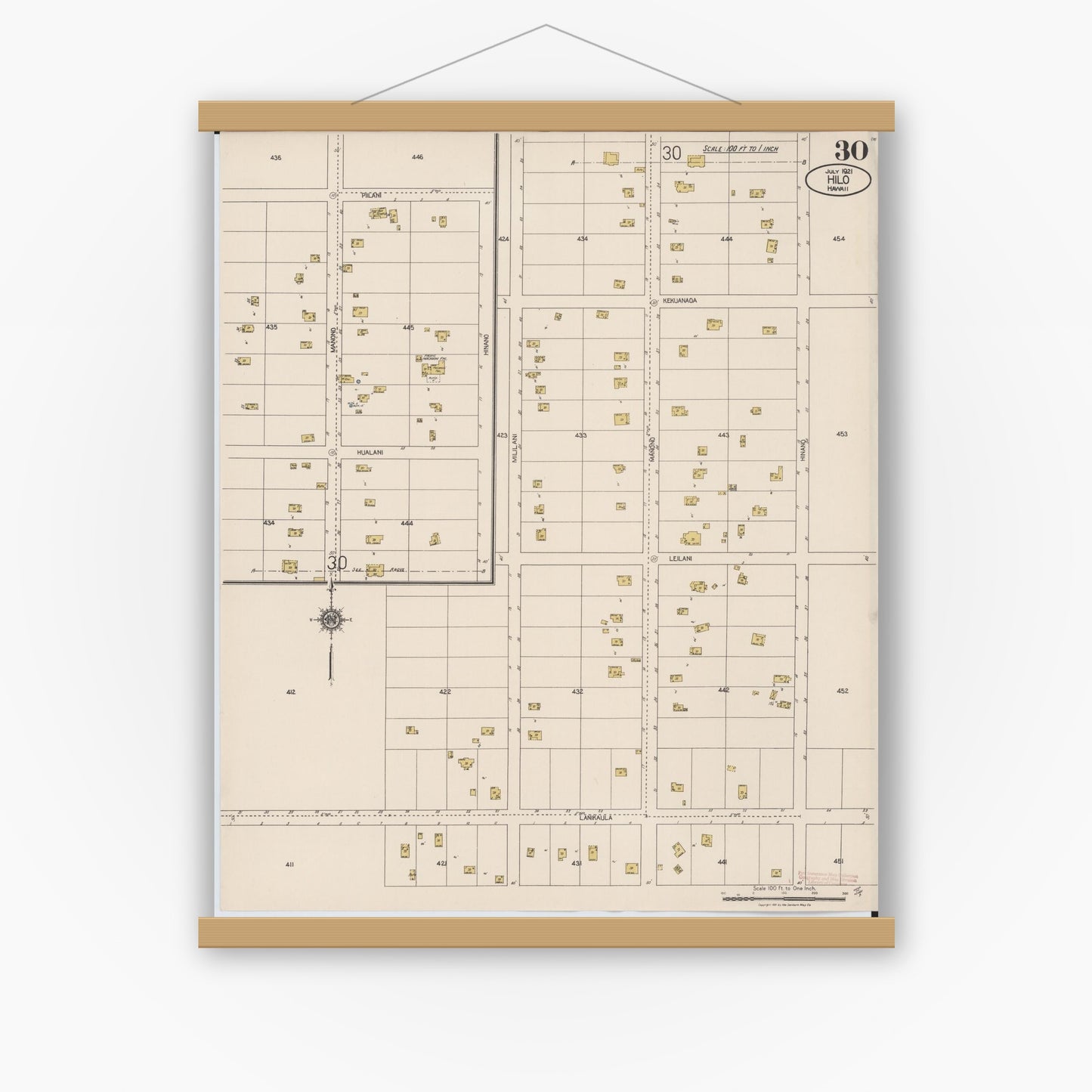 Old map wall art mockup — magnetic wood frame on white wall — Sanborn Fire Insurance Map from Hilo, Hawaii County, Hawaii (1921), Sheet #0030
