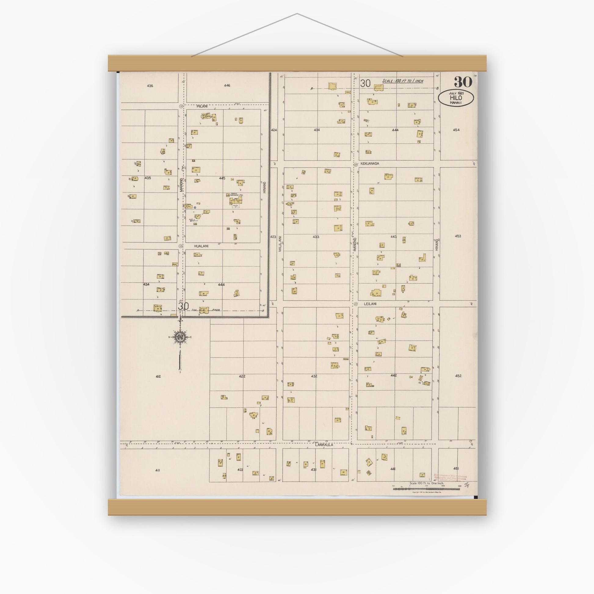 Old map wall art mockup — magnetic wood frame on white wall — Sanborn Fire Insurance Map from Hilo, Hawaii County, Hawaii (1921), Sheet #0030