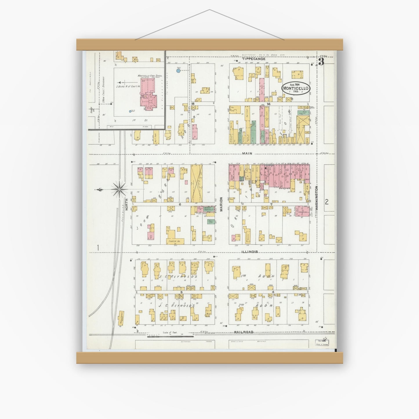 Old map wall art mockup — magnetic wood frame on white wall — Sanborn Fire Insurance Map from Monticello, White County, Indiana (1904), Sheet #0003