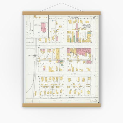 Old map wall art mockup — magnetic wood frame on white wall — Sanborn Fire Insurance Map from Monticello, White County, Indiana (1904), Sheet #0003