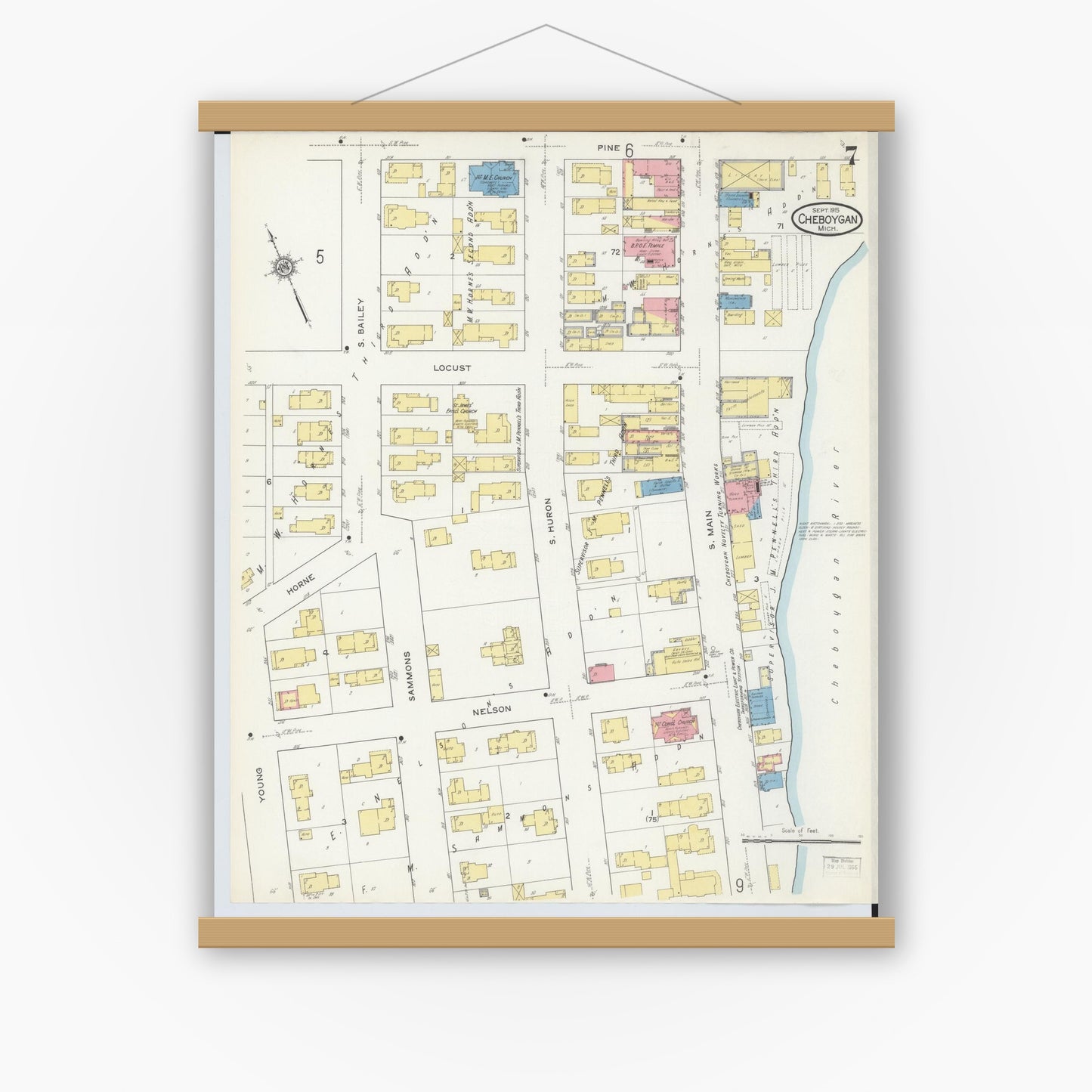 Old map wall art mockup — magnetic wood frame on white wall — Sanborn Fire Insurance Map from Cheboygan, Cheboygan County, Michigan (1915), Sheet #0007