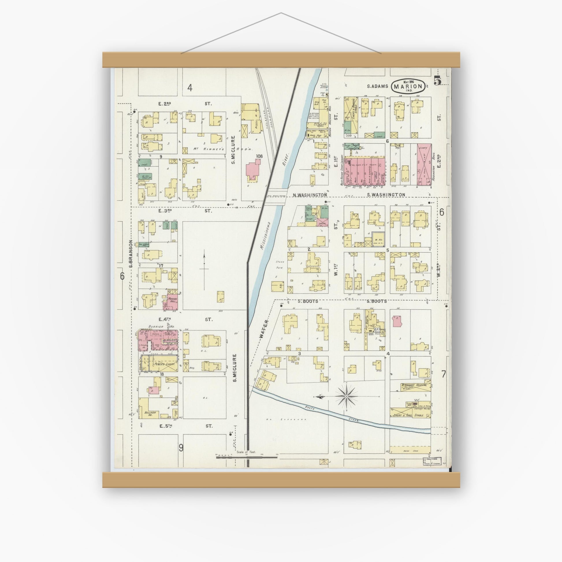 Old map wall art mockup — magnetic wood frame on white wall — Sanborn Fire Insurance Map from Marion, Grant County, Indiana (1896), Sheet #0005