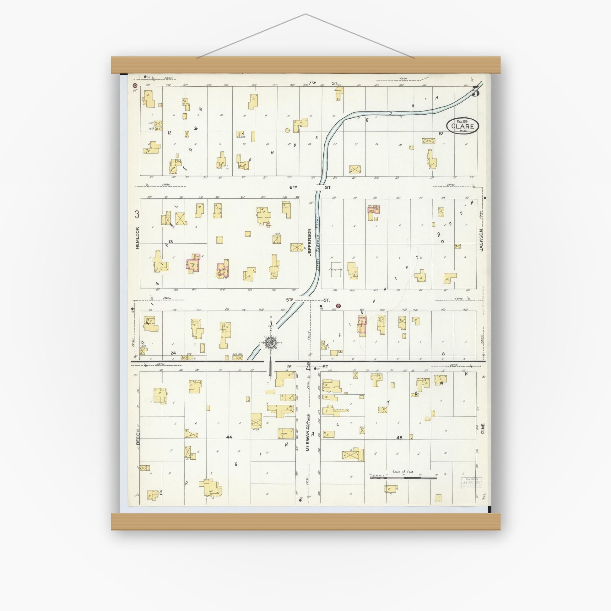 Old map wall art mockup — magnetic wood frame on white wall — Sanborn Fire Insurance Map from Clare, Clare County, Michigan (1910), Sheet #0005