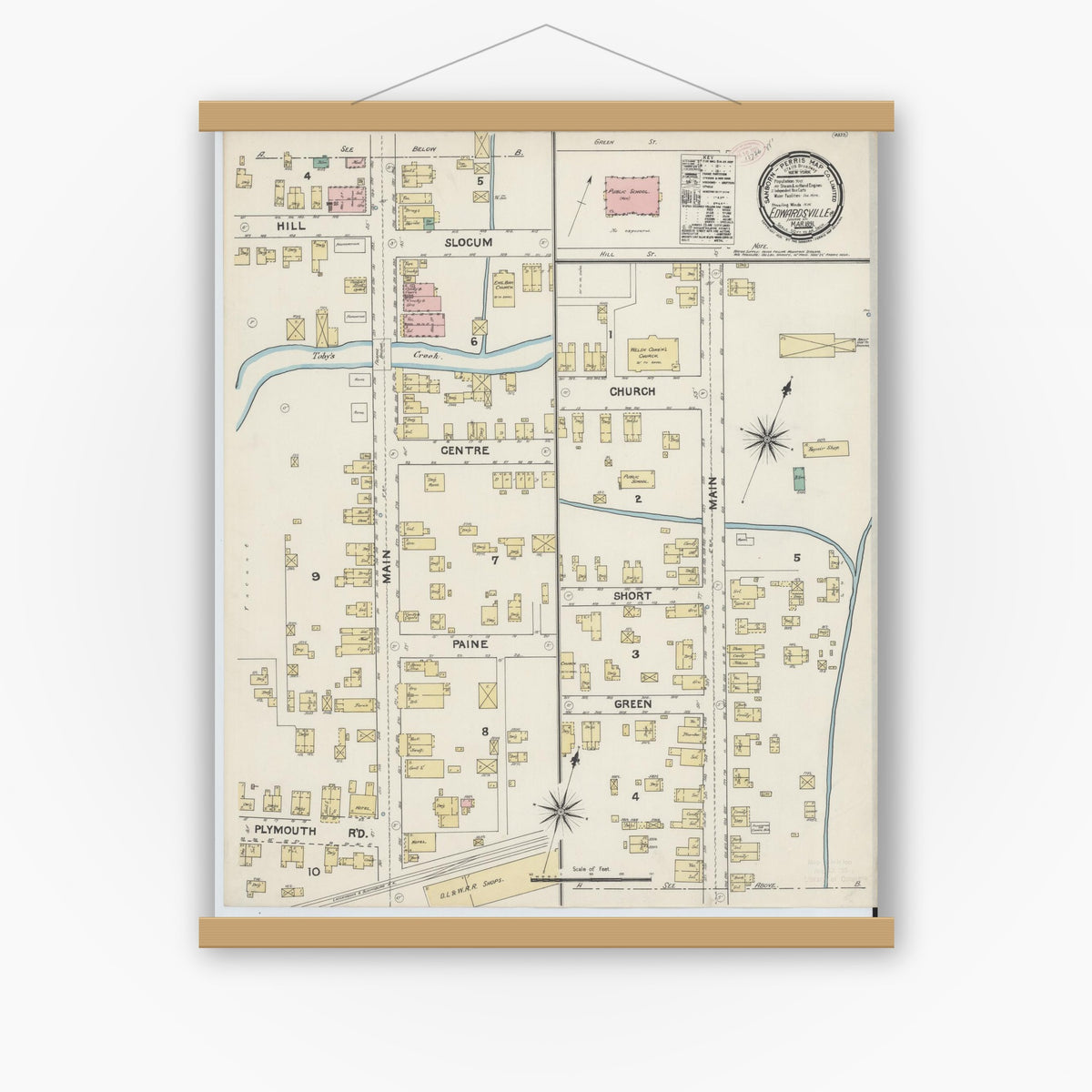 Old map wall art mockup — magnetic wood frame on white wall — Sanborn Fire Insurance Map from Edwardsville, Luzerne County, Pennsylvania (1891), Sheet #0001