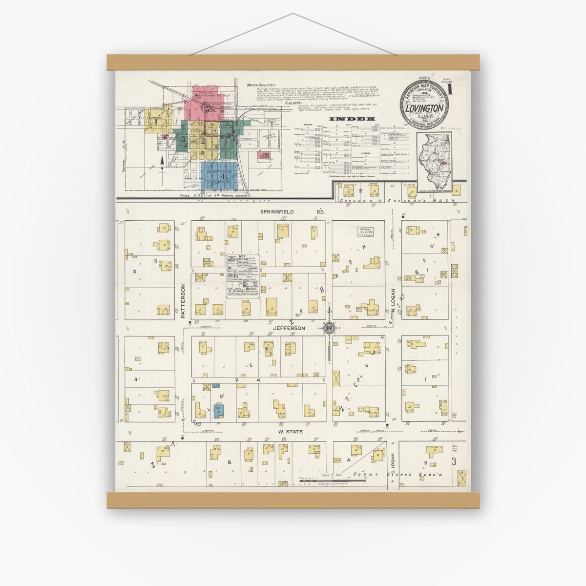 Old map wall art mockup — magnetic wood frame on white wall — Sanborn Fire Insurance Map from Lovington, Moultrie County, Illinois (1922), Sheet #0001
