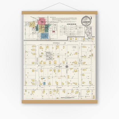 Old map wall art mockup — magnetic wood frame on white wall — Sanborn Fire Insurance Map from Lovington, Moultrie County, Illinois (1922), Sheet #0001