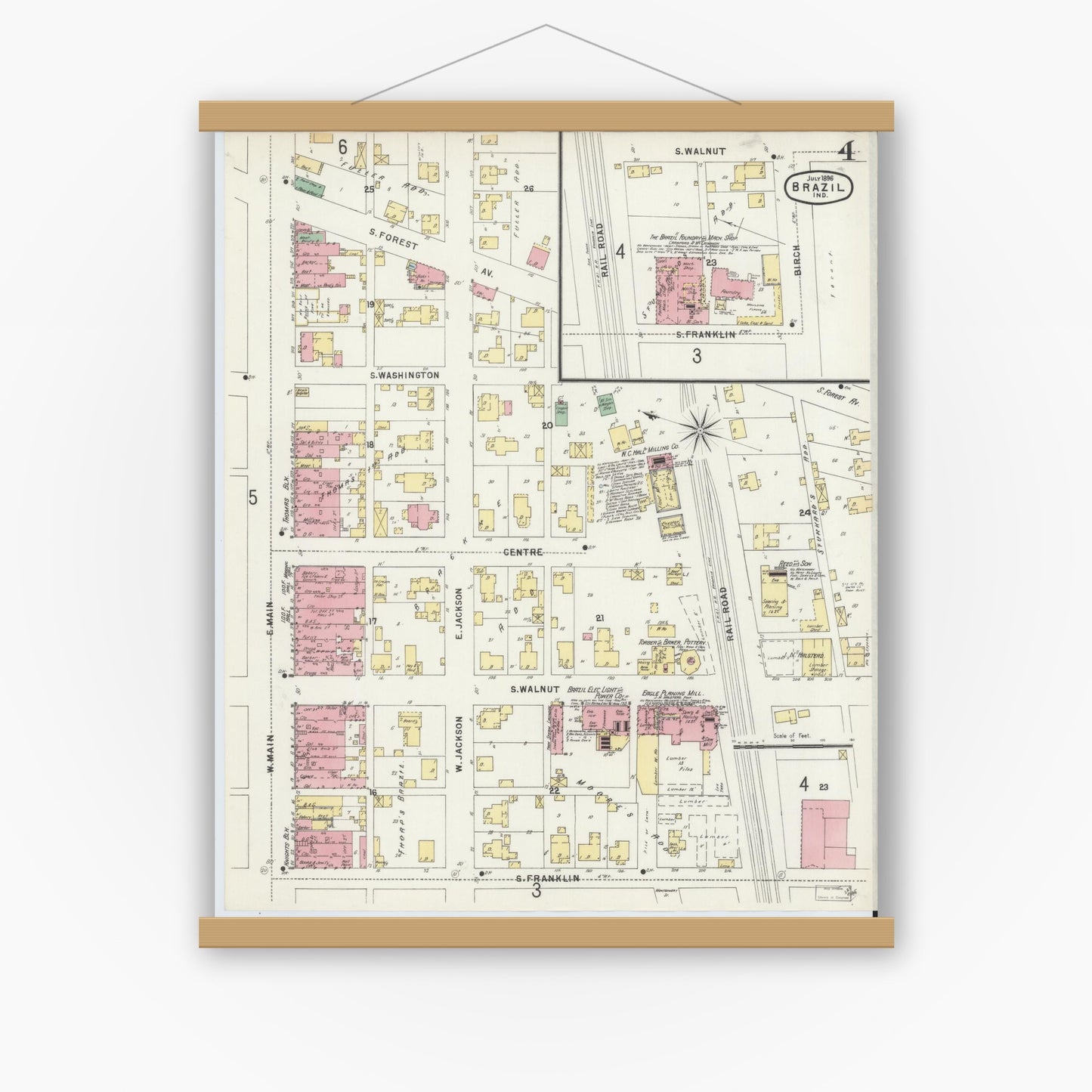 Old map wall art mockup — magnetic wood frame on white wall — Sanborn Fire Insurance Map from Brazil, Clay County, Indiana (1896), Sheet #0004