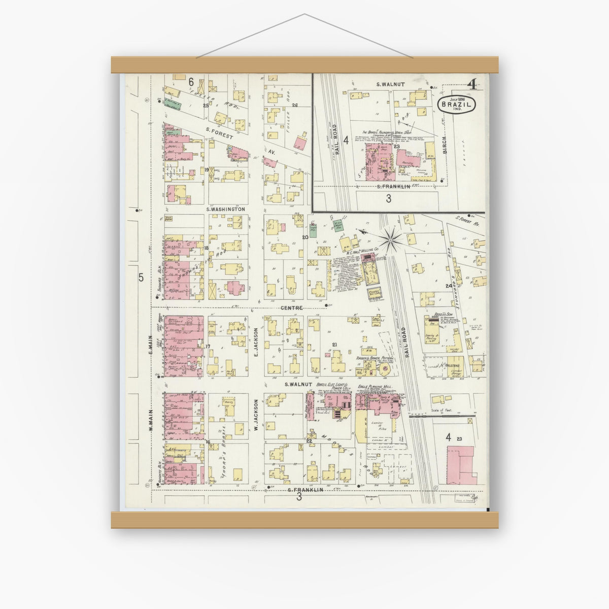 Old map wall art mockup — magnetic wood frame on white wall — Sanborn Fire Insurance Map from Brazil, Clay County, Indiana (1896), Sheet #0004