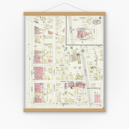 Old map wall art mockup — magnetic wood frame on white wall — Sanborn Fire Insurance Map from Brazil, Clay County, Indiana (1896), Sheet #0004