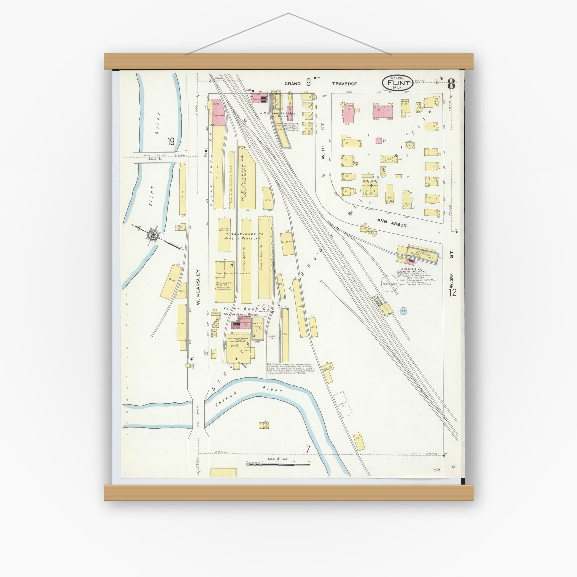 Old map wall art mockup — magnetic wood frame on white wall — Sanborn Fire Insurance Map from Flint, Genesee County, Michigan (1909), Sheet #0008