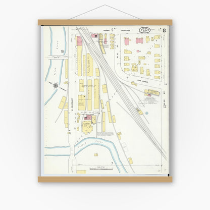Old map wall art mockup — magnetic wood frame on white wall — Sanborn Fire Insurance Map from Flint, Genesee County, Michigan (1909), Sheet #0008