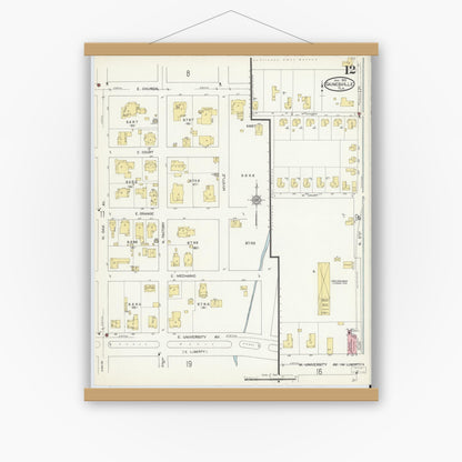 Old map wall art mockup — magnetic wood frame on white wall — Sanborn Fire Insurance Map from Gainesville, Alachua County, Florida (1913), Sheet #0012