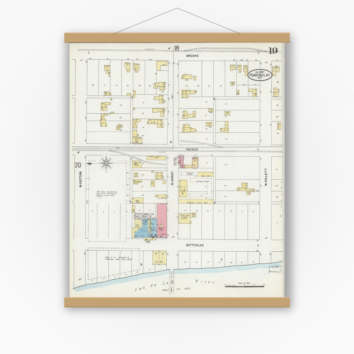 Old map wall art mockup — magnetic wood frame on white wall — Sanborn Fire Insurance Map from Fond du Lac, Fond du Lac County, Wisconsin (1898), Sheet #0019