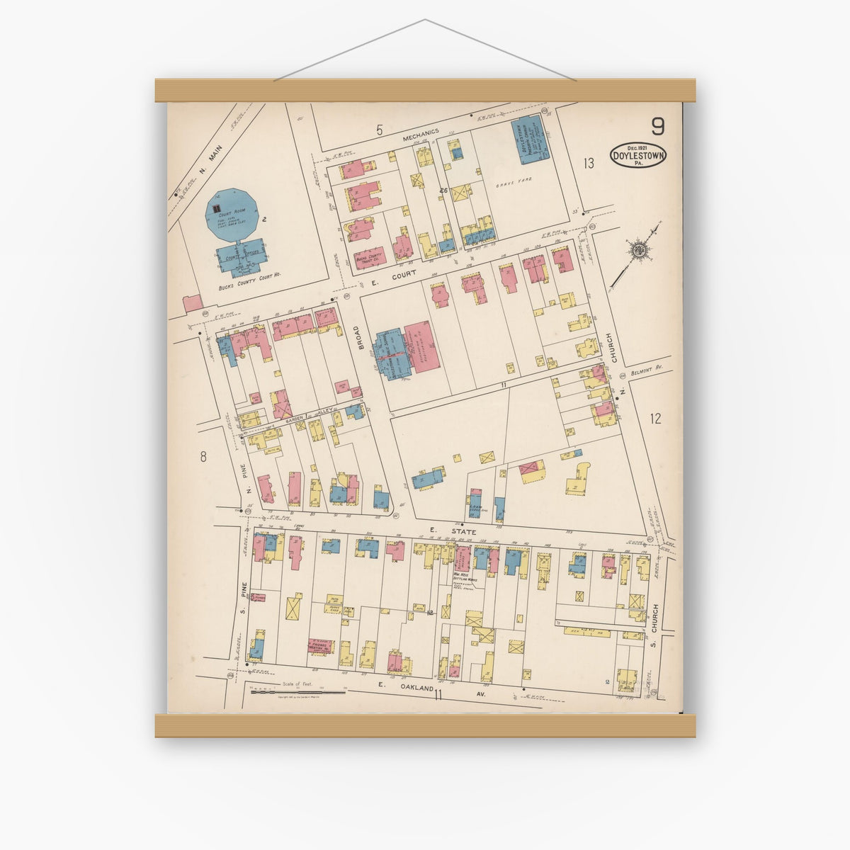 Old map wall art mockup — magnetic wood frame on white wall — Sanborn Fire Insurance Map from Doylestown, Bucks County, Pennsylvania (1922), Sheet #0009