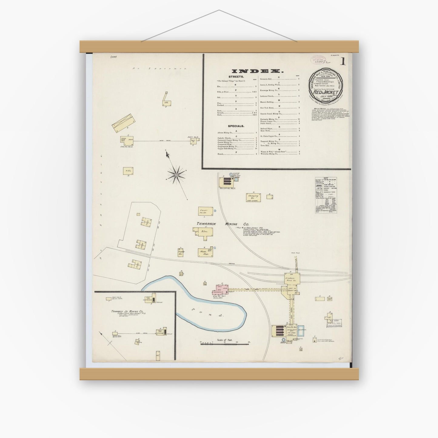 Old map wall art mockup — magnetic wood frame on white wall — Sanborn Fire Insurance Map from Red Jacket, Houghton County, Michigan (1888) - Complete Map Set