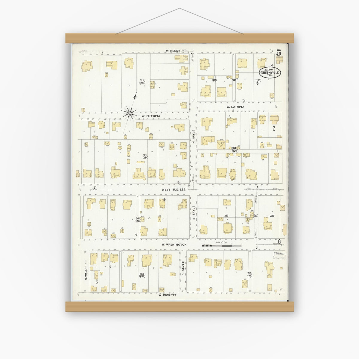 Old map wall art mockup — magnetic wood frame on white wall — Sanborn Fire Insurance Map from Greenville, Hunt County, Texas (1909), Sheet #0005