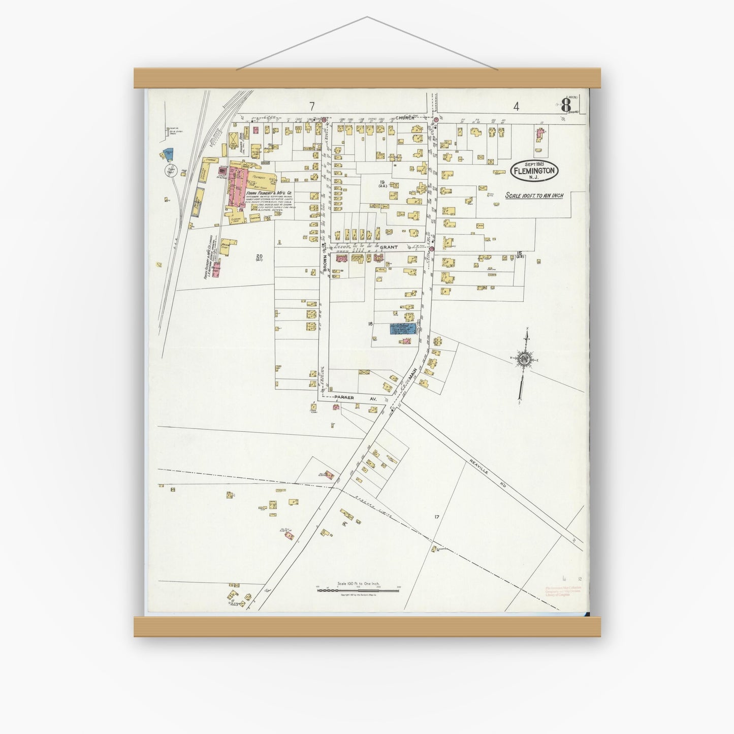 Old map wall art mockup — magnetic wood frame on white wall — Sanborn Fire Insurance Map from Flemington, Hunterdon County, New Jersey (1921), Sheet #0008