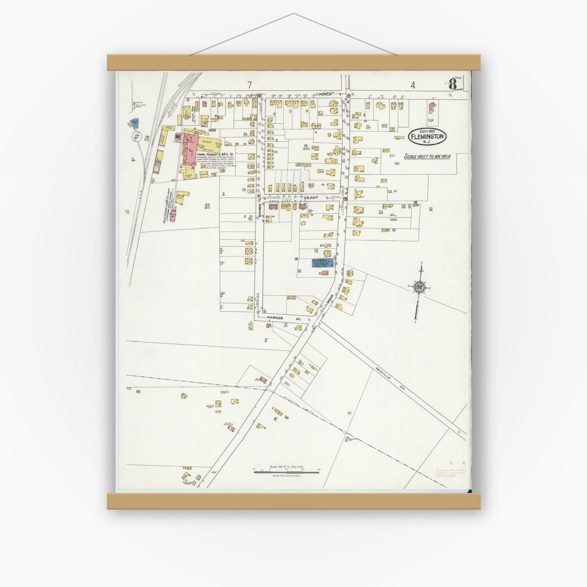 Old map wall art mockup — magnetic wood frame on white wall — Sanborn Fire Insurance Map from Flemington, Hunterdon County, New Jersey (1921), Sheet #0008