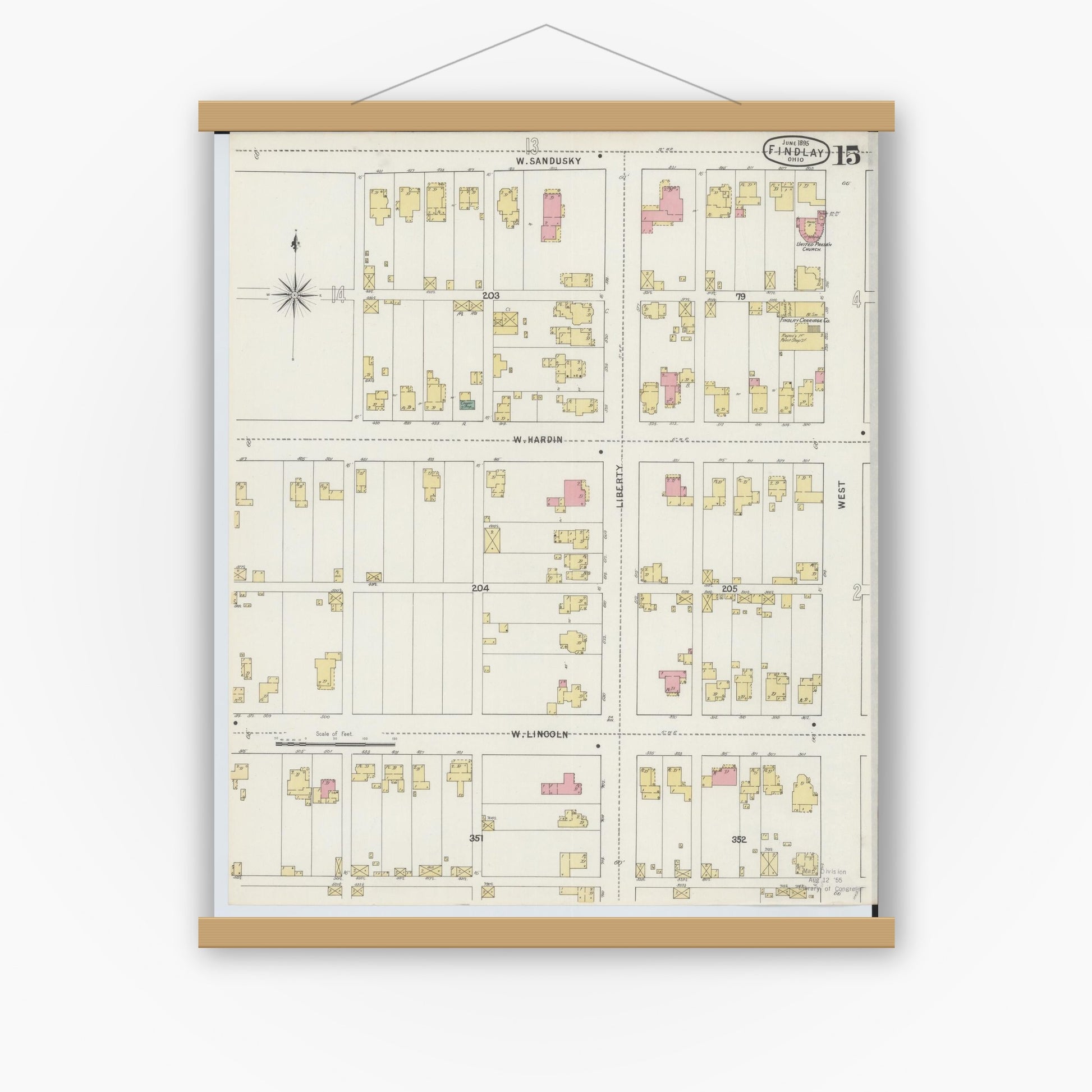 Old map wall art mockup — magnetic wood frame on white wall — Sanborn Fire Insurance Map from Findlay, Hancock County, Ohio (1895), Sheet #0015