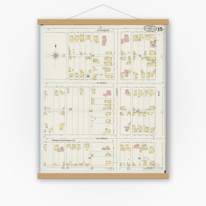 Old map wall art mockup — magnetic wood frame on white wall — Sanborn Fire Insurance Map from Findlay, Hancock County, Ohio (1895), Sheet #0015