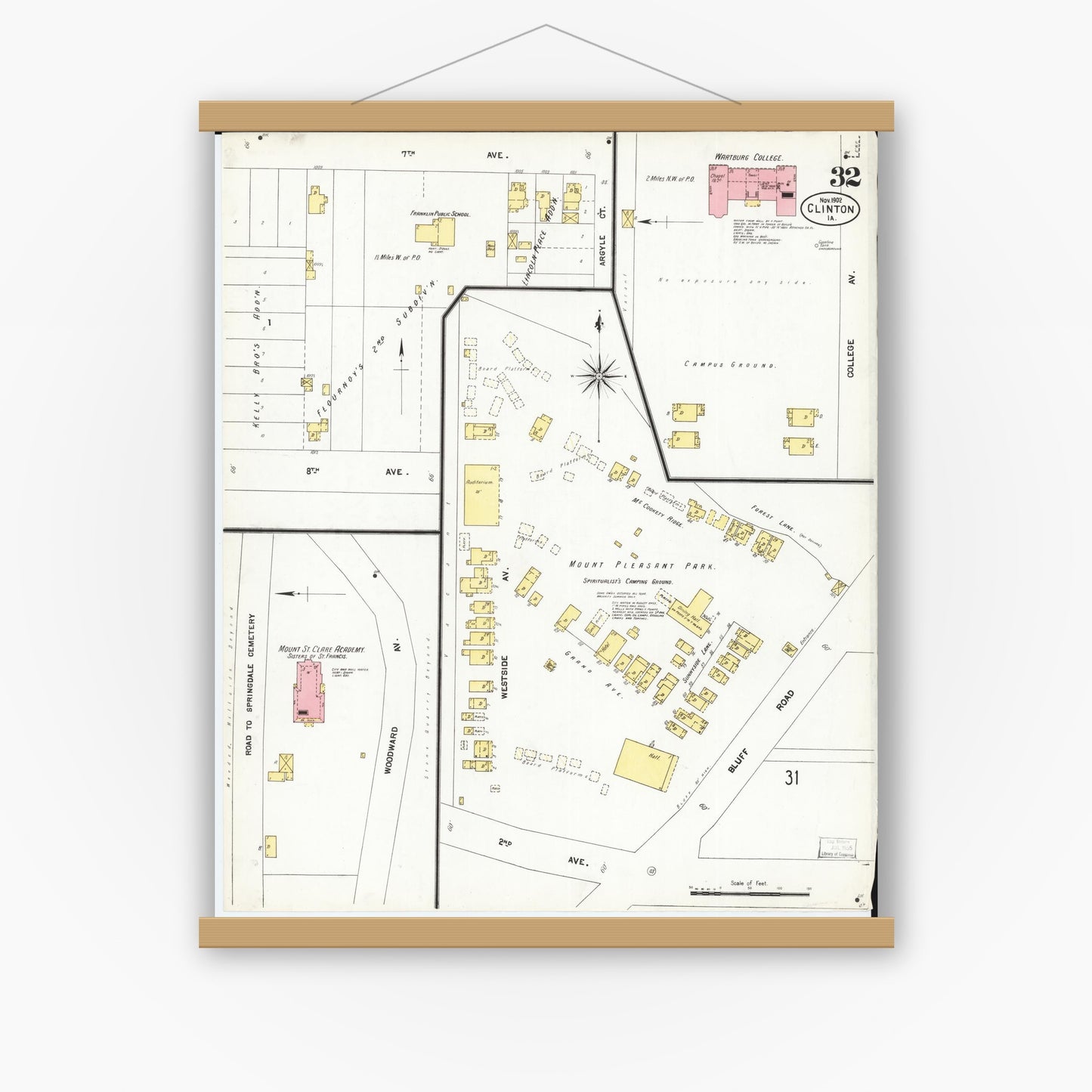 Old map wall art mockup — magnetic wood frame on white wall — Sanborn Fire Insurance Map from Clinton, Clinton County, Iowa (1902), Sheet #0032