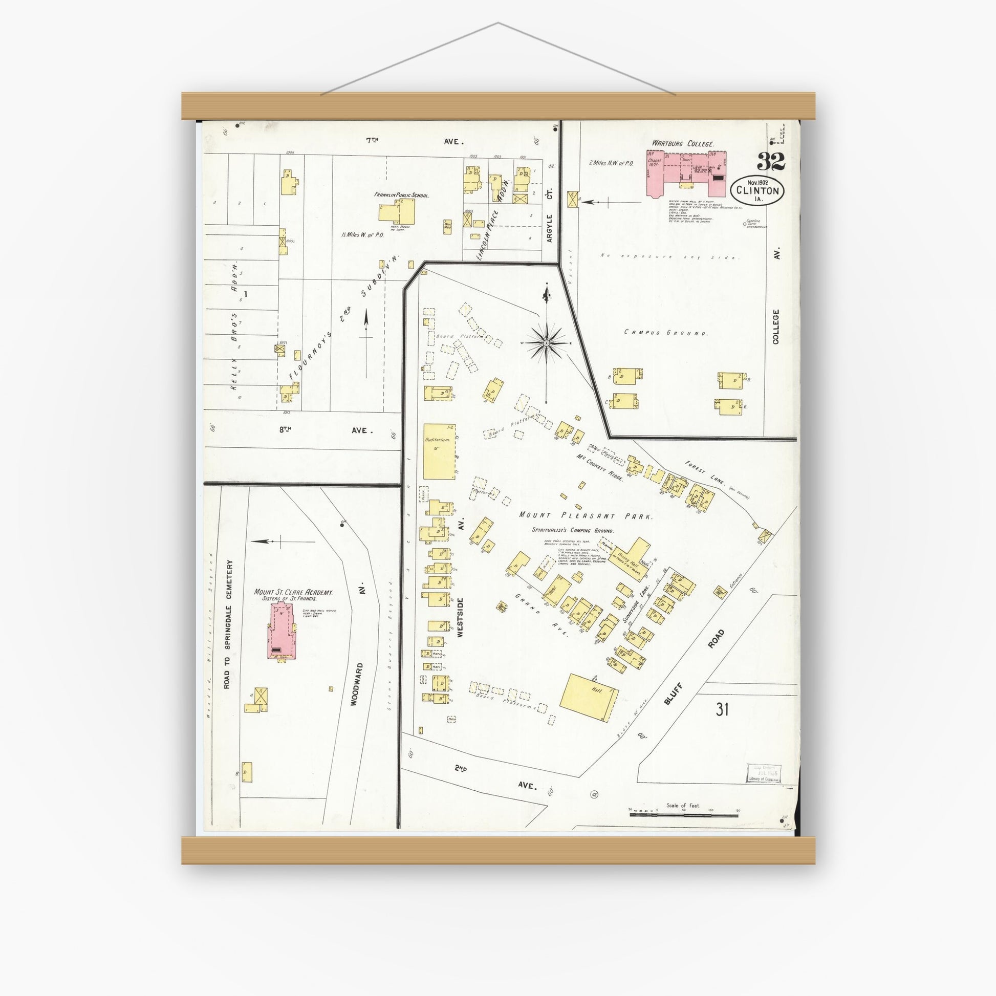 Old map wall art mockup — magnetic wood frame on white wall — Sanborn Fire Insurance Map from Clinton, Clinton County, Iowa (1902), Sheet #0032