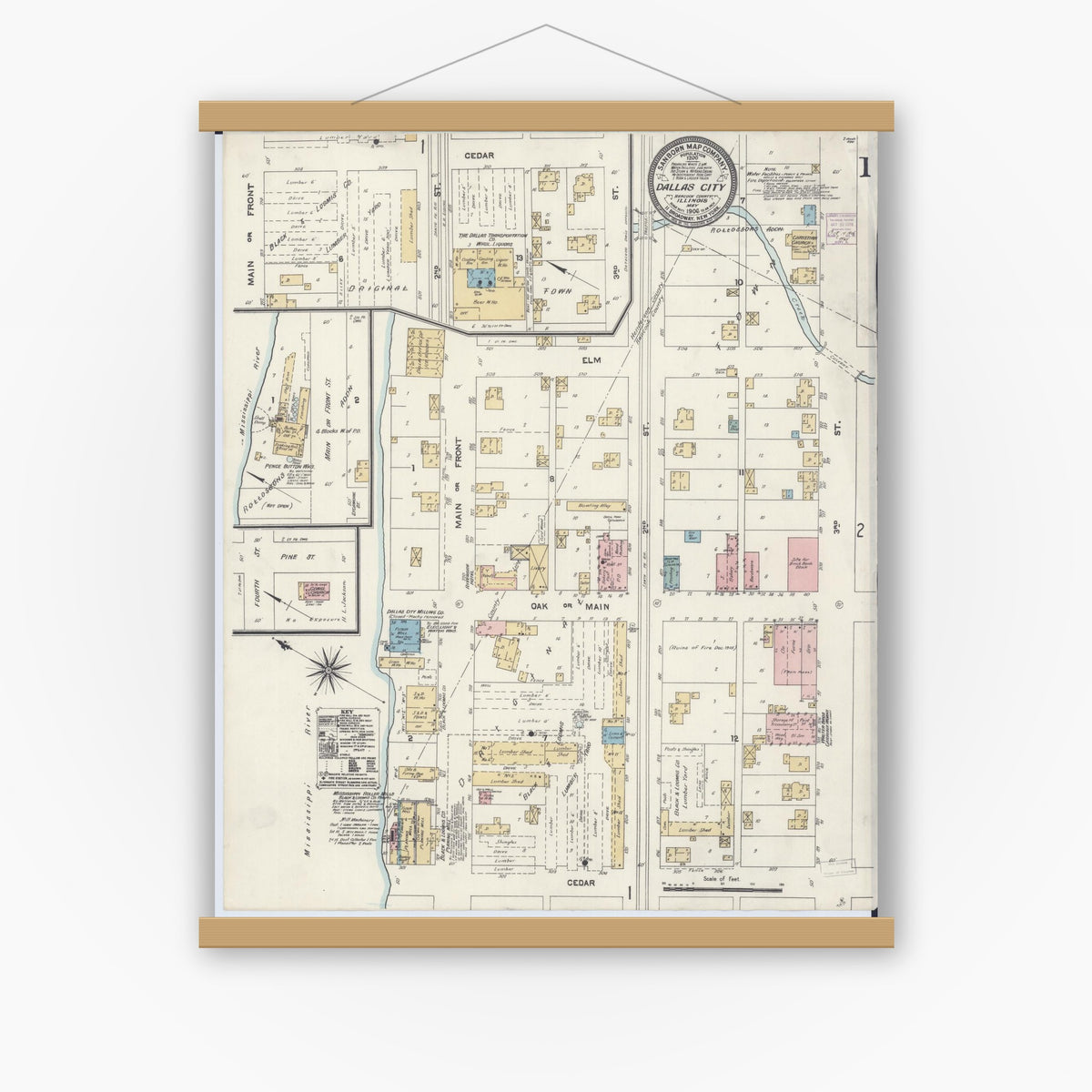 Old map wall art mockup — magnetic wood frame on white wall — Sanborn Fire Insurance Map from Dallas City, Hancock County, Illinois (1906) - Complete Map Set