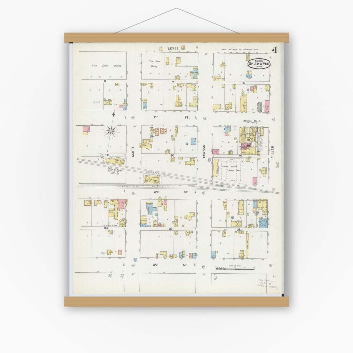 Old map wall art mockup — magnetic wood frame on white wall — Sanborn Fire Insurance Map from Shakopee, Scott County, Minnesota (1895), Sheet #0004