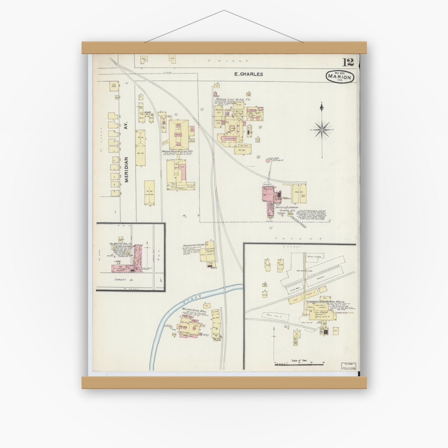 Old map wall art mockup — magnetic wood frame on white wall — Sanborn Fire Insurance Map from Marion, Grant County, Indiana (1890), Sheet #0012