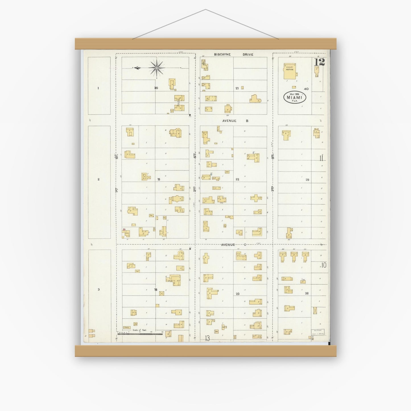 Old map wall art mockup — magnetic wood frame on white wall — Sanborn Fire Insurance Map from Miami, Dade County, Florida (1906), Sheet #0012