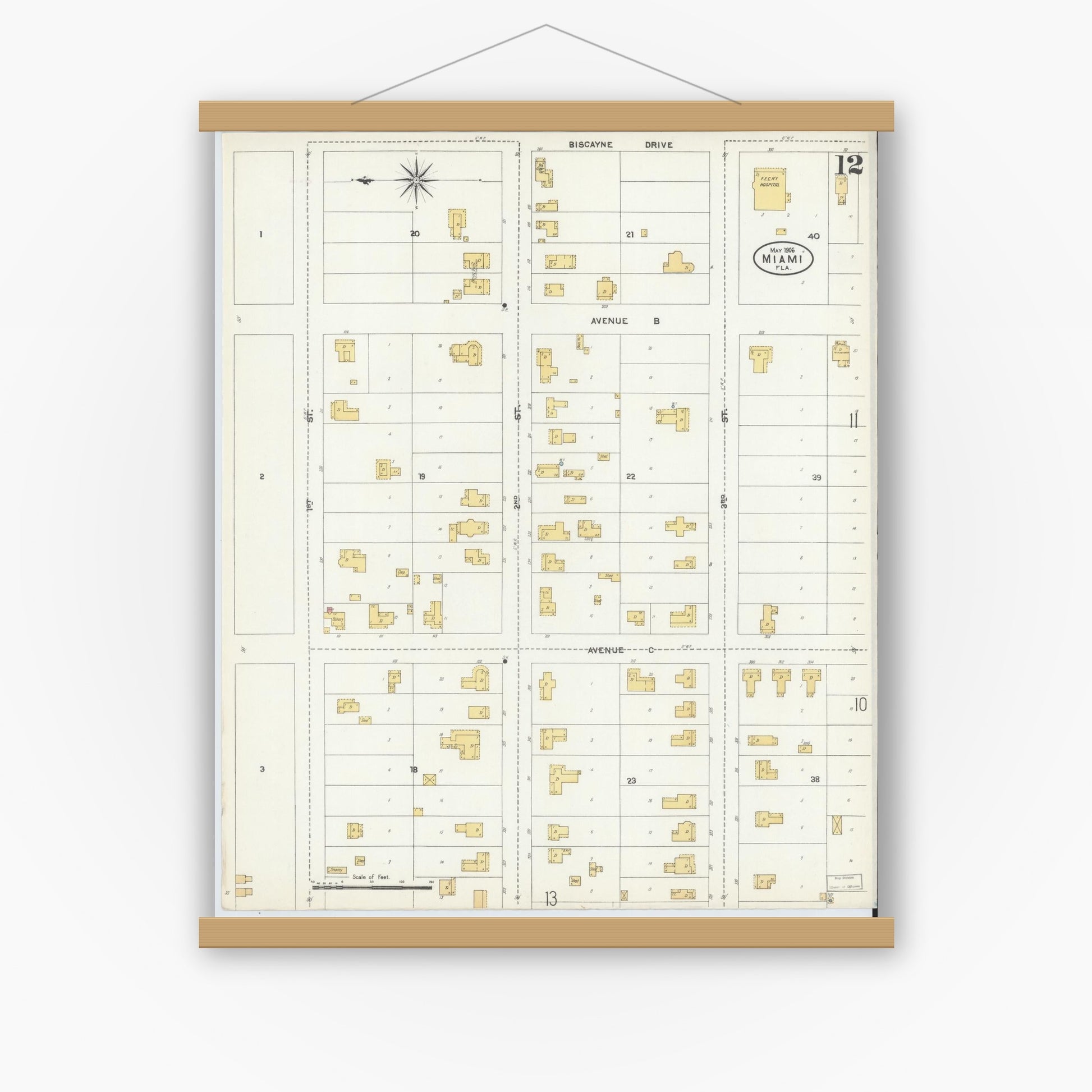 Old map wall art mockup — magnetic wood frame on white wall — Sanborn Fire Insurance Map from Miami, Dade County, Florida (1906), Sheet #0012